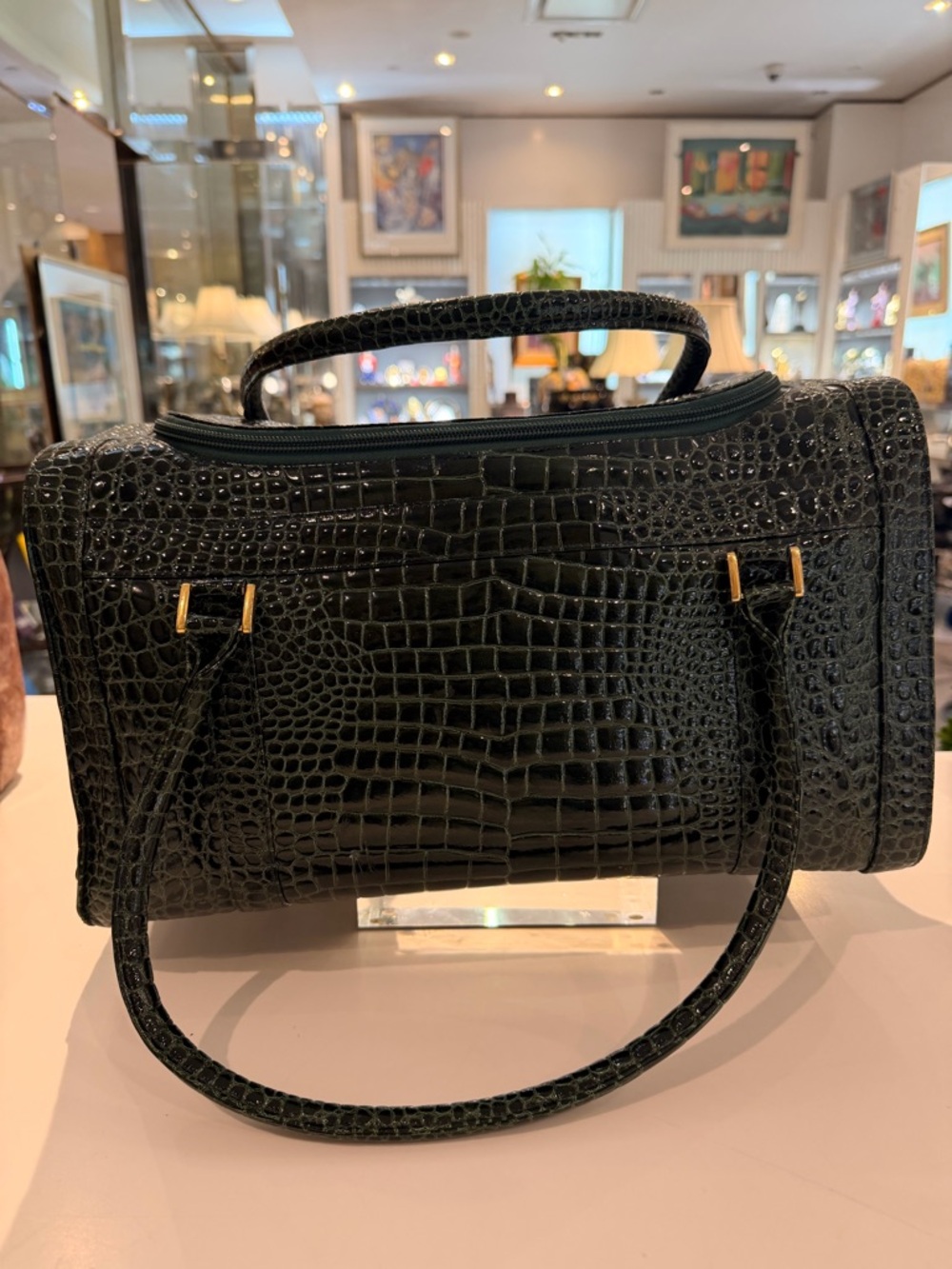Vintage Dark Green Croc Embossed Travel Bag- Gold Hardware
